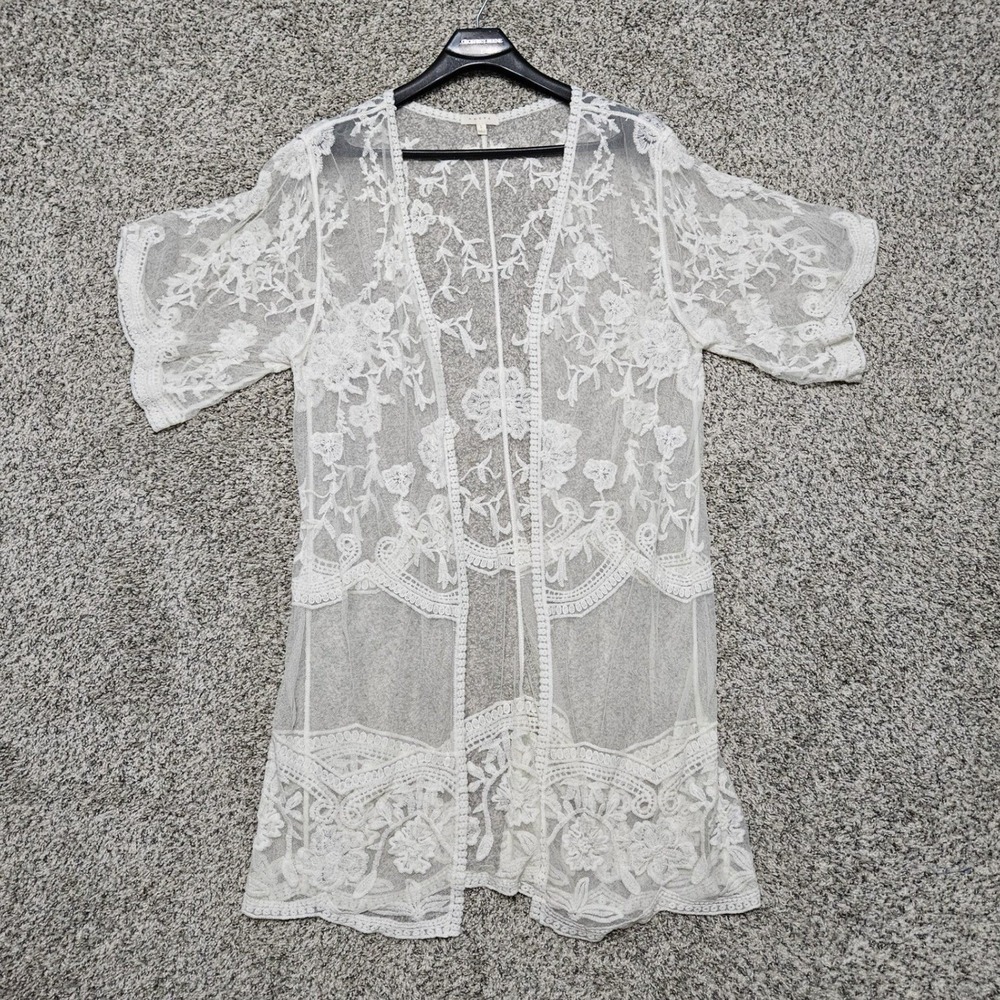 Fairycore‎ Boho Shabby Chic Kimono Womens L Ivory Floral Lace Embroidered Mesh
